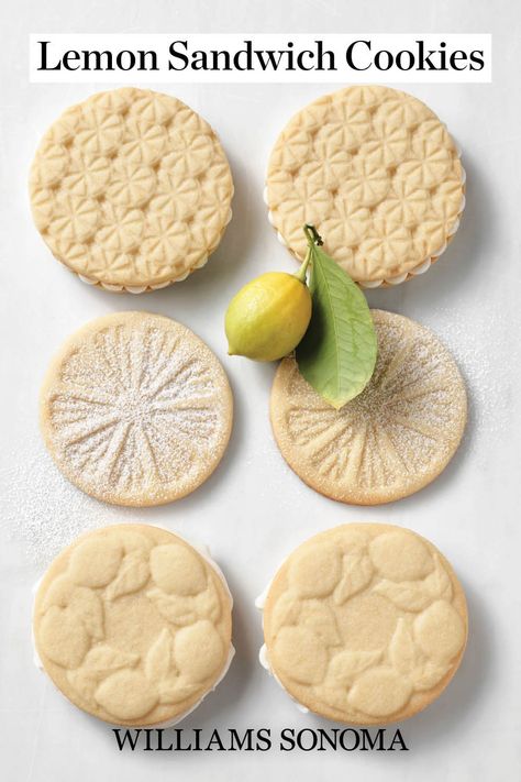 Lemon Sandwich Cookies Sandwich Cookie Filling Recipe, Shortbread Stamped Cookies Recipe, Stuffed Lemon Cookies, Lemon Sandwich Cookies Recipe, Stamp Cookies Recipe, Lemon Sandwich Cookies, Lemon Sandwich, Mmm Cookies, Biscotti Recipes