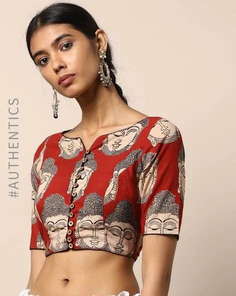 Front Open Blouse Designs, Kalamkari Blouse Designs, Ikat Blouse Designs, Chiffon Blouses Designs, Long Blouse Designs, Kalamkari Print, Kalamkari Blouse, Blouse Designs High Neck, Open Blouse