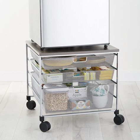 13 Genius Snack Organizers to Save You Space in Your Dorm Room Rolling Cart With Drawers, Shallow Pantry, Mini Fridge Stand, Wooden Office Chair, Dorm Hacks, Compact Fridge, Dorm Room Hacks, Dorm Storage, Dorm Organization