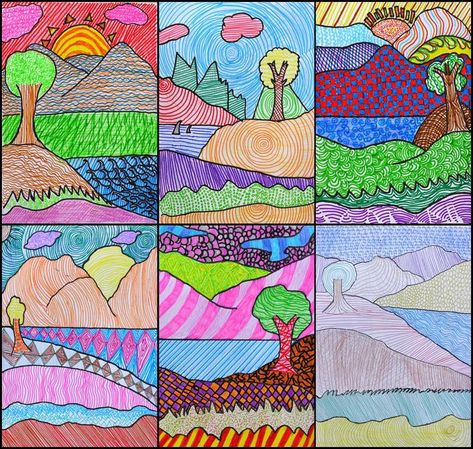 1st Grade – Pattern Landscapes – msdumontart Landscape Art Lessons, Primary School Art, 6th Grade Art, 4th Grade Art, 5th Grade Art, 3rd Grade Art, Art Lessons For Kids, Landscape Landscape, Elementary Art Projects