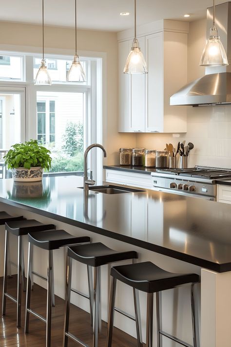 A bright and modern kitchen featuring glossy white cabinetry and dark slate countertops. Matte black bar stools are arranged around a central island, and frosted glass pendant lights hang overhead. Pastel-colored ceramic canisters are neatly arranged on the countertops holding various spices, accompanied by a single potted basil plant. Outside the large windows, the scenic view of a Copenhagen street is visible. Slate Countertop, Round Marble Table, Living Room Styles, Delicate Pendant, Black Bar Stools, Black Bar, Copenhagen Style, Fiddle Leaf Fig, Dining Nook