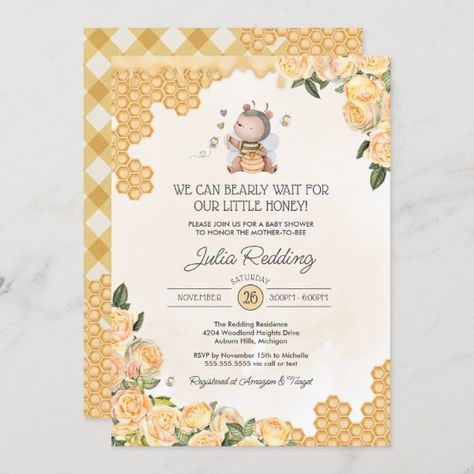 Little Honey Teddy Bear Mom-to-Bee Baby Shower Invitation Baby Shower Teddy Bear, Bee Baby Shower Invitations, Neutral Shower, Classy Baby Shower, Baby Shower Theme Decorations, Baby Event, Bee Costume, Baby Shower Templates, Floral Baby Shower Invitations