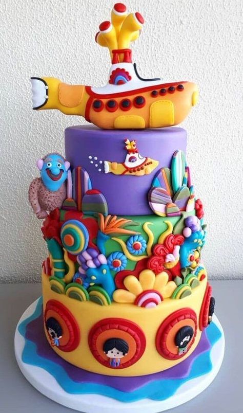 Yellow Submarine Birthday Party, Yellow Submarine Party, Beatles Cake Ideas, Beatles Party Decorations, Yellow Submarine Birthday, Yellow Submarine Cake, Beatles Birthday Cake, Beatles Cake, Beatles Birthday Party