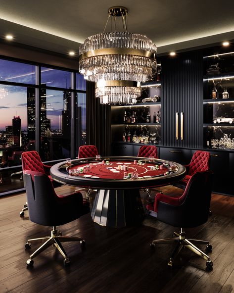 Elevate your game nights with the Darian Poker Table—where strength meets sophistication. 🎲✨ Featuring a classic rounded shape, wooden build, and polished brass details, it adds timeless elegance to any entertainment space. Discover more in our New Arrivals 2024 ebook via the link in our bio! #livingroomdesign #luxurylighting #modernluxury #centertable #interiordesign #homedecor #luxurylifestyle #covethouse #luxxuliving #lifestylebyluxxu Small Poker Room Ideas, Poker Room Ideas Interior Design, Luxury Game Room, Gaming Environment, Luxury Living Room Decor, Gaming Furniture, Poker Room, Round Chandelier, Game Nights