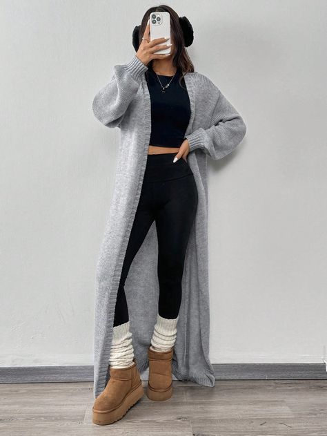 Grey Knitted Long Cardigan For Women, Fall Outfit Grey Casual  Long Sleeve Knitwear Plain  Slight Stretch  Women Clothing, size features are:Bust: ,Length: ,Sleeve Length: Grey Long Sweater Outfit, Body Suit With Cardigan Outfit, Beige Oversized Cardigan Outfit, Long Grey Sweater Outfit, Church Fits Fall, Grey Sweatpants Outfit Fall, Long Cardigan Dress Outfit, Midsize Smart Casual, Autumn Outfits Leggings