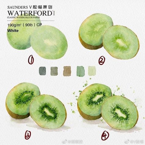 Watercolor Steps, Kiwi Watercolor, Gouache Practice, Aquarelle Ideas, Watercolour Practice, Watercolor Food Illustration, Food Art Painting, Paintings Tutorials, Water Coloring