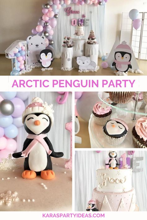 Penguin Birthday Party Girl, Penguin Party Theme, Penguin Themed Birthday Party, Purple Monochromatic, Penguin Birthday Party, Penguin Baby Showers, Buffet Dessert, Penguin Birthday, Winter Wonderland Birthday