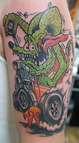 Rat Fink Rat Rod Tattoo, Hot Rod Tattoo Designs, Rat Fink Tattoo, Hotrod Tattoo Sleeve, Rat Rod Tattoo Ideas, Rat Fink Tattoo Old School, Diesel Mechanics Tattoo, Hotrod Tattoos, Hot Rod Tattoo Sleeve