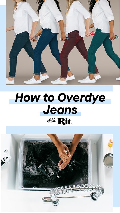 Learn how to overdye your jeans with Rit. These jeans started out as traditional blue jeans. You can use new jeans or jeans that are slightly faded or worn. To turn them into dark colored jeans, we overdyed them using Rit All-Purpose dye. When overdyeing, the blue color of the jeans mixes with the dye color to create a new color. Be sure to apply the color mixing rules! Rit Dye Furniture, Clothes Modification, Fixing Jeans, Rit Dye Tutorial, Rit Fabric Dye, Dish Washing Liquid, Dye Projects, Denim Dye, Dyeing Tutorials