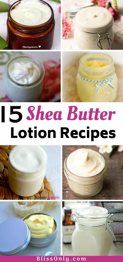 15 DIY Shea Butter Lotion Recipes - BlissOnly Diy Lotion Shea Butter Coconut Oil, Shea Butter And Coconut Oil Body Butter Lotion Recipe, How To Make Lotion With Shea Butter, Shea Butter Lotion Recipe Diy, How To Make Shea Butter Lotion, Essential Oil Body Lotion Recipes, Homemade Shea Butter Lotion, Diy Lotion For Dry Skin, Home Made Lotions