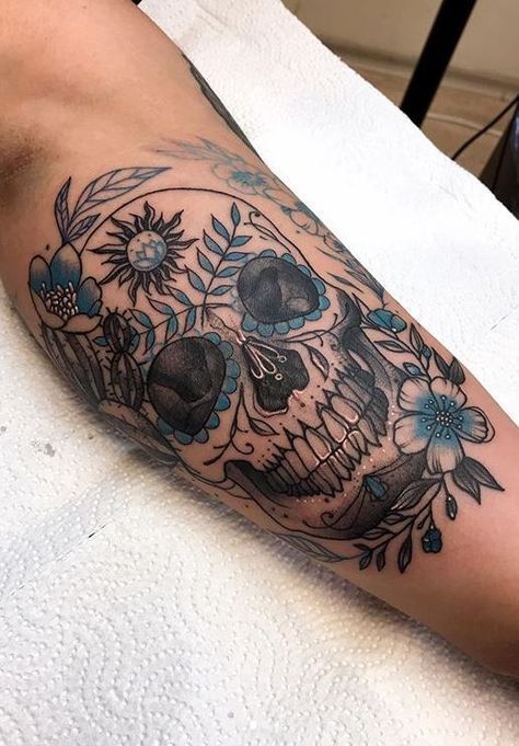 Tattoos With Skulls And Flowers, Skull Made Of Flowers Tattoo, Women’s Skull Tattoo, Mexican Skull Tattoos Women, Feminine Skull Tattoo Sleeve, Masculine Tattoos For Women, Candy Skull Tattoo For Women, Skull And Sunflower Tattoo, Tattoo Ideas Female Skull