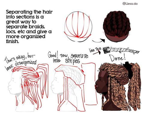 Locs Tutorial Drawing, Poc Hair Drawing Reference, Back Of Person Drawing, How To Draw Afros, Locs Reference Drawing, Drawing Braids Black, How To Draw Locks, How To Draw Braids Black, How To Draw Dreadlocks