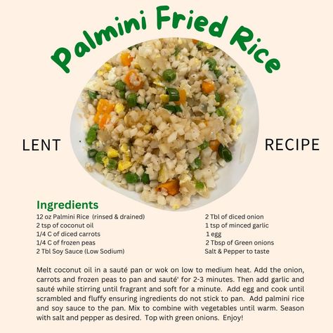 Palmini Fried Rice Palmini Rice Recipe, Heart Of Palm Rice Recipes, Riced Hearts Of Palm Recipes, Hearts Of Palm Rice Recipes, Palmini Rice, Palmini Recipes, Hearts Of Palm Rice, Palm Hearts, Lenten Meals