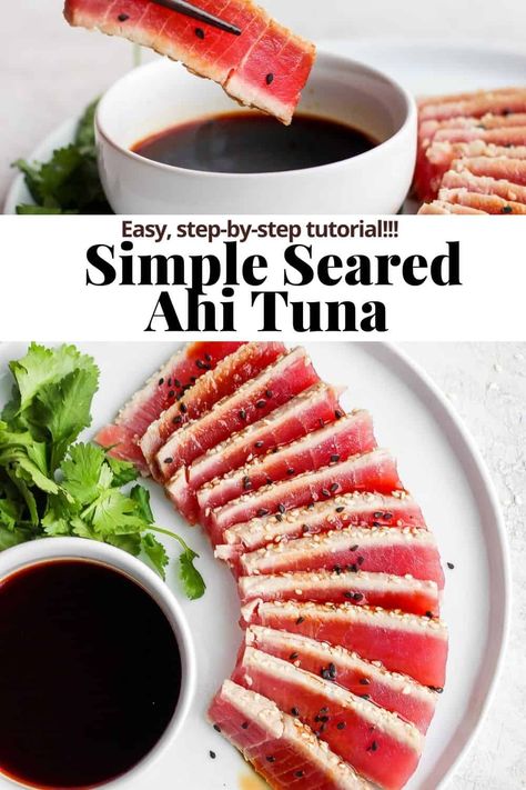 Simple Seared Ahi Tuna Recipe - a simple and delicious ahi tuna recipe that is ready in minutes! Easy step-by-step instructions. #searedahituna Pan Seared Tuna Steak, Seared Ahi Tuna Recipe, Seared Tuna Recipe, Ahi Tuna Steak Recipe, How To Cook Tuna, Ahi Tuna Recipe, Seared Ahi Tuna, Wooden Skillet, Ahi Tuna Steak