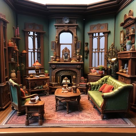 Miniature Dollhouse Living Room, Victorian, Wood Theme, 3-d model, Plasticine Doll House Victorian, Cozy Victorian Aesthetic, Living Room Dollhouse, Living Room Diorama, Victorian Mood Board, Room Box Ideas, Victorian Study Room, Victorian Room Aesthetic, Victorian Dollhouse Interior