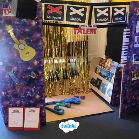 Set up a talent show area in your classroom - the perfect role play for your class to show their creative side! Find everything you need to decorate your area with our Talent Show Audition Role Play Pack - click to download!   #talentshow #audition #teaching #teacher #teachingresources #twinkl #twinklresources #music #education #roleplay #classroomideas #classroominspiration #teachingideas #eyfsideas #eyfsteacher #eyfsclassroom Dramatic Play Music Theme, Music Dramatic Play, Music Dramatic Play Preschool, Music Area Eyfs, Classroom Stage, Theatre Activities, Role Play Areas Eyfs, Role Play Activities, Dramatic Play Centers Preschool