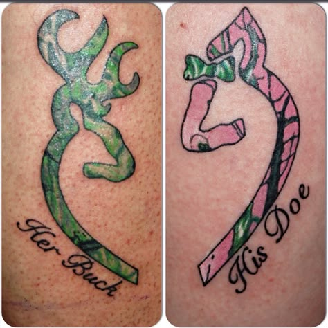 Matching Browning Buck and Doe Tattoo by Joshua Doyon (IG: @InkedUpGing) Buck And Doe Matching Tattoos, Buck And Doe Tattoo, Hunting Couples Tattoos, Deer Tattoos For Couples, Deer Couple Tattoo, Buck And Doe Couple Tattoo, Browning Deer Tattoo, Couple Tattoos Buck And Doe, Country Couple Tattoos