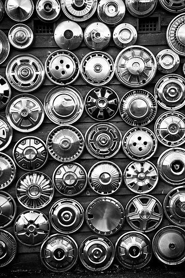 Tired by Chroma. See peeps if we have been picking up the hub caps on the highway all these yrs.  We would have this. Hub Caps Ideas, Caps Ideas, Detroit Cars, Cap Wall, Car Hub, Dream Ideas, Timber Walls, Auto Art, Christmas Stencils