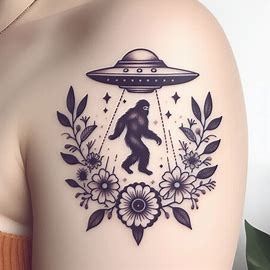 a feminine minimalist tattoo of a hovering UFO piloted by Sasquatch framed by flowers and monster leaves - Image Creator from Microsoft Designer Small Bigfoot Tattoo, Bigfoot Tattoo For Women, Cryptid Tattoos, Big Foot Tattoo, Monster Tattoo Ideas, Sasquatch Tattoo, Cryptic Tattoos, Bigfoot Tattoo, Anklet Tattoos For Women