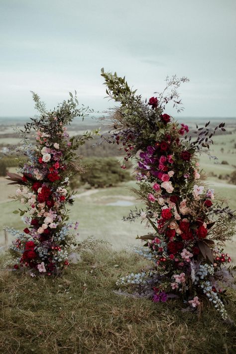 Colourful & lush wedding ceremony floral arbour for a luxe intimate destination elopement. Altar Backdrop Wedding, Floral Arbour, Moody Wedding Flowers, Outside Ceremony, Rey Aesthetic, Lush Wedding, Wedding Alters, Wedding Renewal, Fresh Eucalyptus