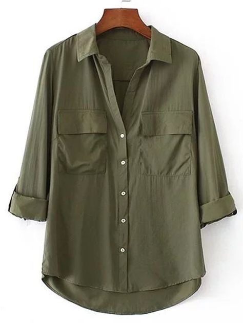 Shop Roll-Up Sleeve High Low Blouse online. SheIn offers Roll-Up Sleeve High Low Blouse & more to fit your fashionable needs. Green Long Shirt Outfit, Army Green Blouse, Button Collar Shirt, Denim Repair, Olive Green Shirt, Olive Green Blouse, Green Long Sleeve Shirt, Stylish Short Dresses, High Low Blouse