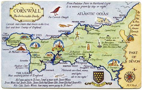 Postcard map of Cornwall, the Delectable Duchy | Drawn by M … | Flickr Cornwall Map, Counties Of England, Pictorial Maps, County Map, Devon And Cornwall, Map Globe, Cornwall England, Modern Map, Yorkshire England