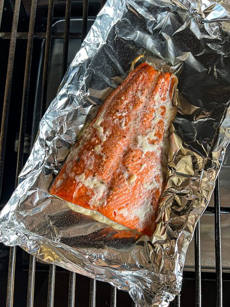 Smoking salmon filet with white stuff on Traeger grills Salmon Filet On Smoker, Smoked Salmon Filet, Smoker Salmon, Traeger Salmon, Salmon Foil Pack, Salmon Filet Recipe, Salmon Packets, Salmon Filets, Traeger Grill Recipes