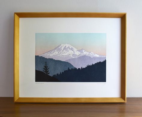 Purple mountains majesty. Tahoma is the First Nations name for Mount Rainier, the prominent volcanic peak in Washington state. This began as an illustration that was converted into a 7 color letterpress print. Paper size: 11 x 14 inches Purple Mountains, Purple Mountain Majesty, Pacific Northwest Art, National Parks Map, Lake Map, Island Map, California Map, Mt Rainier, California Art