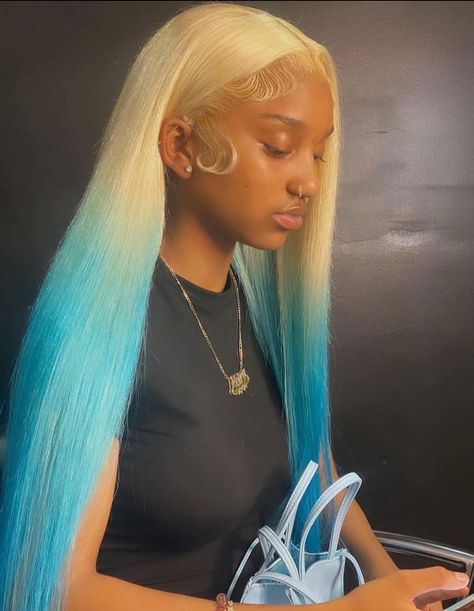 #wig#hair#blue hair#blonde to blue hair#long hair#straight hair#ombre blue wig#hair style#women fashion Ombre Blue Hair, Straight Hair Blonde, Blue Ombre Wig, Blonde And Blue Hair, Color Wigs, Blue Ombre Hair, Dyed Hair Blue, Ombre Hair Blonde, Blue Wig