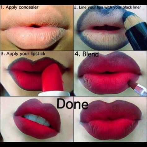 1. Apply concealer 2. Line your lips with black lip liner 4. Apply your lipstick 5. Blend 6. Beautiful plump lips Halloweenský Makeup, Bigger Eyes, Apply Lipstick, Vampire Lips, Drag Make-up, Scream Halloween, Ombre Lips, Makijaż Smokey Eye, Makeup Tricks