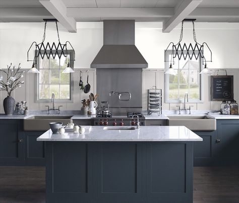 Cabinets - Benjamin Moore Polo Blue Trim - Benjamin Moore Stormy Monday Gloucester Sage, Metal Kitchen Cabinets, Серая Кухня, Color Combinations Paint, Neutral Kitchen, Paint Colors Benjamin Moore, Kitchen Cabinets Makeover, Cabinet Makeover, Kitchen And Bath Design