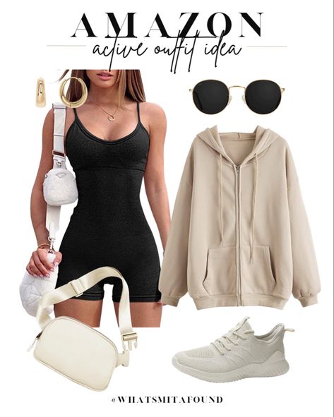 Active wear outfits from amazon Amazon Yoga Finds, Active Romper Outfit, Trendy Outfits Comfy, Outfit Ideas From Amazon, Active Romper, Amazon Fashion Finds, Errands Outfit, Beige Sneakers, Active Outfits