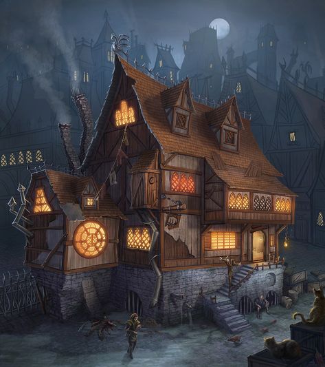 _left_hook__tavern_by_takeda11-d3iivms Wizard Studying, Dnd Tavern, Taverna Medieval, Dnd Places, Shadow Realm, Dnd Backgrounds, Fantasy Town, Build Inspiration, Heroic Fantasy