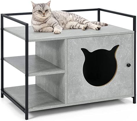 Amazon.com: Tangkula Cat Litter Box Enclosure, 2-in-1 Hidden Cat Washroom & Side Table W/ 2-Tier Storage Shelf, Metal Frame, Indoor Cat House Storage Bench, Wooden Cat Box Cabinet Litter Box Furniture (Grey) : Pet Supplies Litter Furniture, Wooden Cat House, Cat Houses Indoor, Cat Litter Box Enclosure, Grey And White Cat, Large Storage Cabinets, Litter Box Furniture, Litter Box Enclosure, Furniture Cabinet