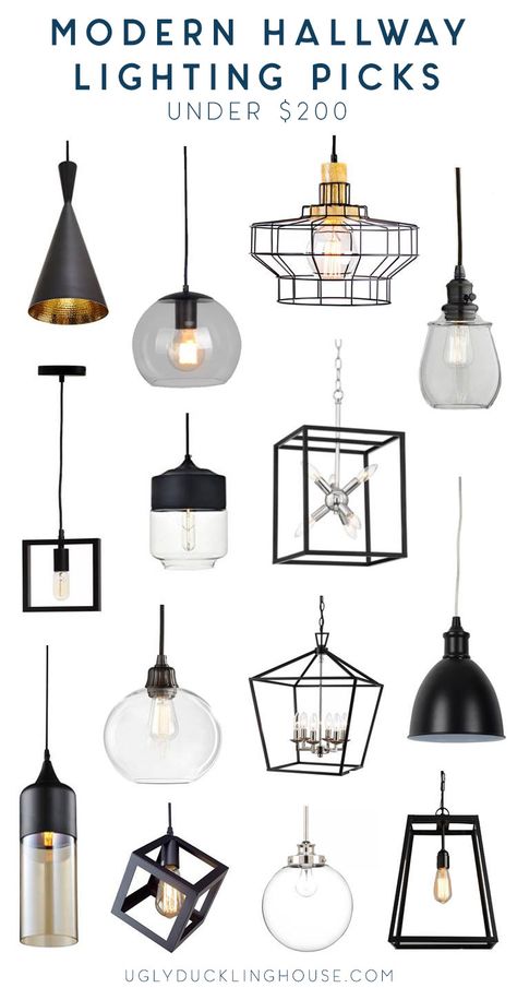 Modern hallway lighting picks for under $200 - black hardware, pendant lights, and clear glass globes are very on trend, as well as a few industrial and brass picks - perfect for entryway or hallway lighting where you need something stylish but on the smaller side - click through to see all 14 and pick out your favorite! #lighting #mudroom #hallway #lightingdesign Hallway Black Light Fixtures, Hall Pendant Lighting Hallways, Classy Pendant Lights, Vestibule Lighting Ideas, Light For Stairwell, Chandelier Lighting Entryway, Small Entryway Lighting, Hallway Pendant Lights, Hallway Lights Ideas