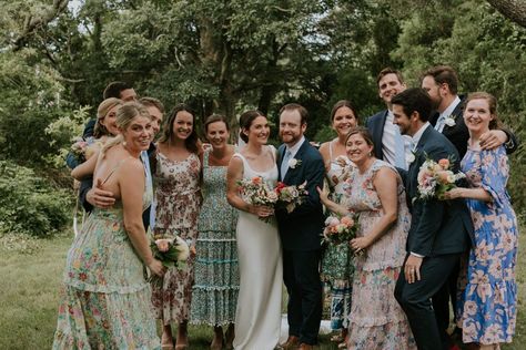 Mismatched Bridal Party, Small Bridal Parties, Winter Bridesmaid Dresses, Group Hug, Floral Bridesmaid Dresses, Mismatched Bridesmaids, Black And White Portrait, Cape Cod Wedding, Mismatched Bridesmaid Dresses