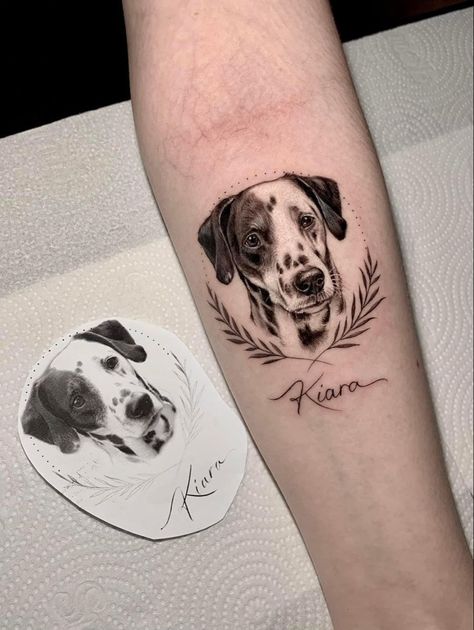 Dog Picture Tattoos, Dog In Frame Tattoo, Small Dog Portrait Tattoo, Dog Portrait Tattoos, Dog Portrait Tattoo Flowers, Unique Dog Tattoo Ideas, Pet Portrait Tattoo, Pet Portrait Tattoos, Unique Hand Tattoos