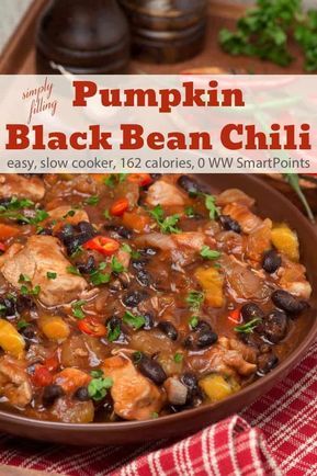 WW Simply Filling Slow Cooker Pumpkin Black Bean Chili is deliciously satisfying, but not as heavy as traditional chili - only 162 and 0 Weight Watchers Freestyle SmartPoints! #simplenourishedliving #ww #weightwatchers #wwfamily #wwsisterhood #wwcommunity #wwsupport #easyhealthyrecipes #slowcooker #crockpot #smartpoints #wwfreestyle #wwsmartpoints #beyondthescale #becauseitworks Pumpkin Black Bean Chili, Slow Cooker Black Bean Chili, Black Bean Pumpkin Chili, Weight Watchers Slow Cooker, Ww Soup, Simply Filling Recipes, Crockpot Soups, Ww Meals, Weight Watchers Soup