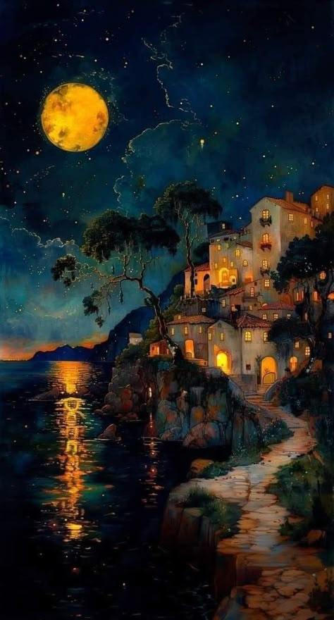 Moonlight Serenade, Galleria D'arte, Dreamy Artwork, Arte Van Gogh, Image Nature, Landscape Art Painting, Cool Wallpapers Art, Arte Fantasy, Naive Art