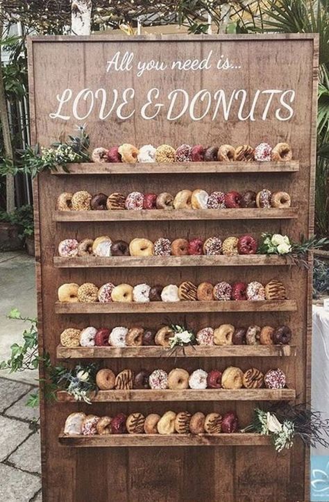 25 Wedding Donuts - a fun alternative wedding dessert Ideas - Donut wall Cereal Late Night Snack Wedding, Donut Board, Donut Wall Wedding, Wedding Dessert Ideas, Doughnut Wall, Dessert Display Wedding, Events Decorations, Wedding Donuts, Donut Decorations