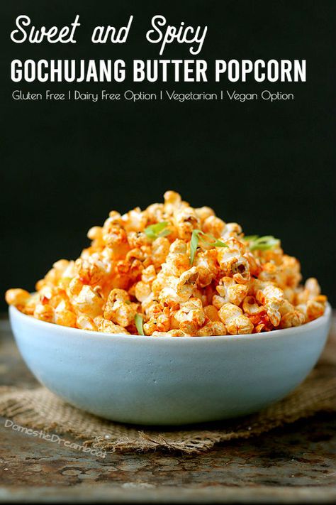 Spicy Gochujang Butter Popcorn - Domestic Dreamboat Gochujang Butter, Popcorn Balls Recipe, Spicy Popcorn, Savory Popcorn, Spiced Popcorn, Popcorn Balls, Popcorn Snacks, Diner Recipes, Easy Asian Recipes