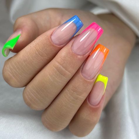 25 Summer Neon French Nails Looks: Bright Colors, Designs, and Ideas for Every Nail Shape Multi Colored French Tip Nails, Neon French Nails, Rainbow French Tip Nails, Neon French Manicure, Neon Blue Nails, Neon Pink Nail Polish, Ballerina Nails Shape, Ombre French Nails, Nails Looks