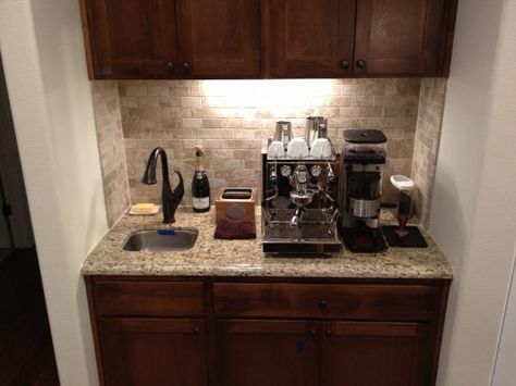 Our lake house renovation will include a coffee/wine corner.  Home-barista.com seems like a great resource to help plan for it! Coffee Corner With Sink, Elevated Cabinets, Expresso Bar, Lake House Renovation, Wine Corner, Coffee Counter, Beverage Bar, Bar Wedding, Espresso Bar