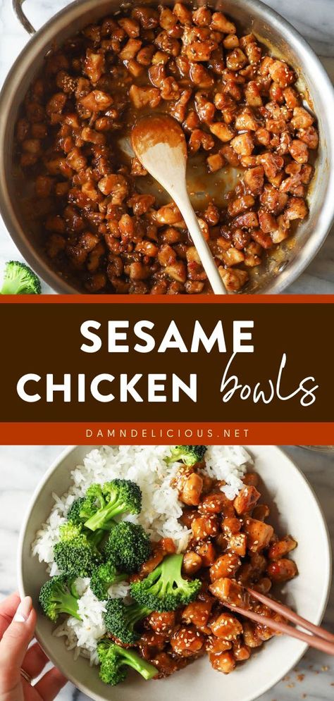 SESAME CHICKEN BOWLS, chicken recipes for dinner, weeknight dinner recipes Quick Weeknight Dinners For Two, Easy Sesame Chicken, Rice And Broccoli, Chicken Bowls, Berbuka Puasa, Better Than Takeout, Breakfast Meal, Chicken Bowl, Sesame Chicken