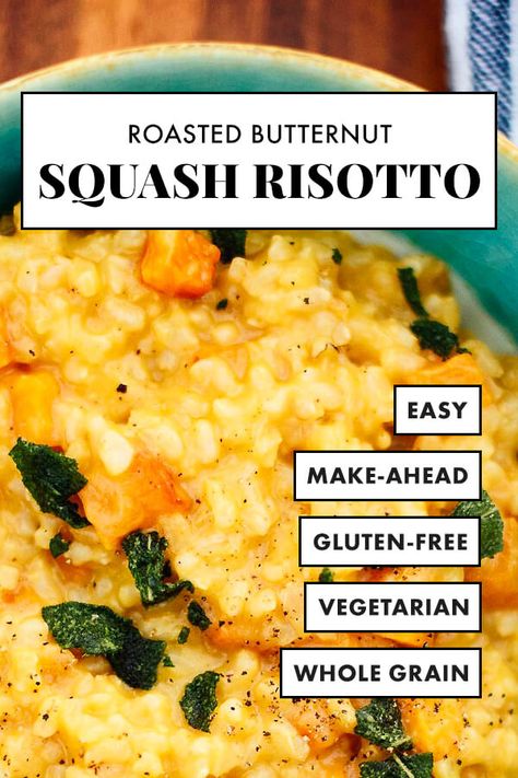 This simple roasted butternut squash risotto tastes heavenly! Bonus? This risotto is baked in the oven and hardly requires any stirring. It’s healthier than most, too, since it calls for brown rice instead of white! #cookieandkate #risotto #healthyrecipe #butternutsquash #comfortfood Butternut Roasted, Butter Squash Recipe, Cauliflower Risotto Recipes, Fried Sage, Cauliflower Risotto, Squash Risotto, Oven Recipe, Butternut Squash Risotto, Risotto Recipe