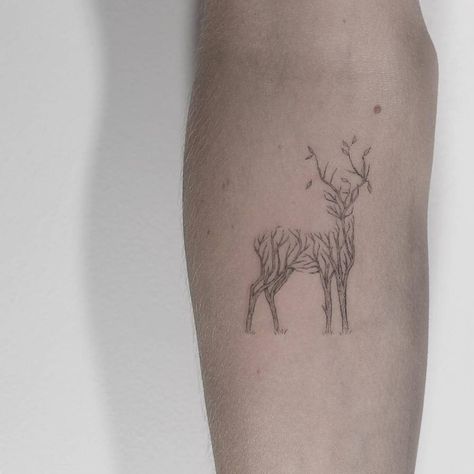 Single needle style surrealist branch deer tattoo on the inner forearm. Animal Tattoos For Women, Hirsch Tattoo, Tier Tattoo, Bauch Tattoos, Tattoo Animal, Deer Tattoo, Tattoo Zeichnungen, Feather Tattoos, Sleeve Tattoos For Women