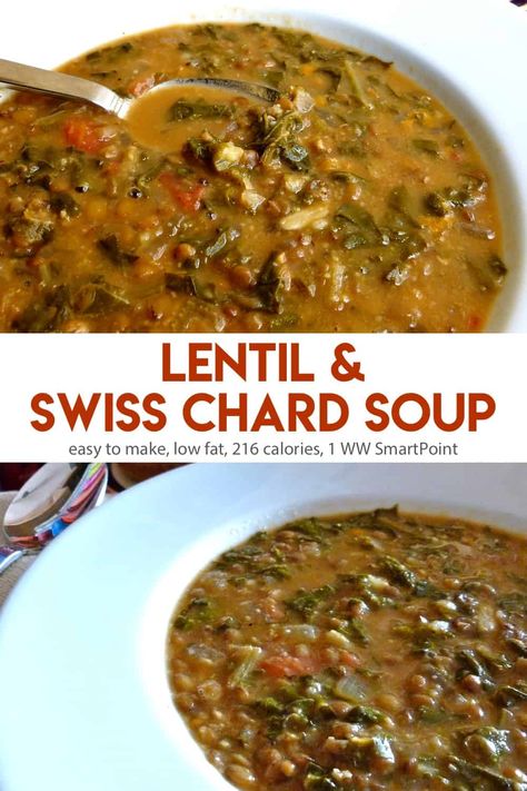 This Lentil & Swiss Chard Soup turns out hearty and satisfying, perfect for an easy weeknight meal, especially when you add some warm crusty bread - only 216 calories and 1 WW Freestyle SmartPoint! #lentilswisschardsoup #lentilsoup #soup Swiss Chard Soup, Chard Recipes Healthy, Swiss Chard Recipes Easy, Rainbow Chard Recipes, Chard Soup, Ketogenic Recipes Dinner, Swiss Chard Recipes, Chard Recipes, Homemade Soup Recipe