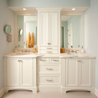 Upper cupboard & drawers, can lighting Bathroom Vanity Tower Ideas, Bathroom Vanity Ideas Double Sink, Master Bath Vanity Ideas Double Sinks, Bathroom Freestanding, Bath Redo, Large Bathroom, Primary Bathroom, Bad Inspiration, Jack And Jill Bathroom