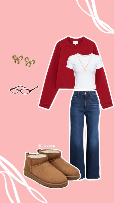 causal, simple, easy outfit inspo, fashion inspo, inspiration, fit, red sweater outfit, back to school outfit, college outfit, uni outfit, university outfit, out in the town outfit, fall outfit, daily outfit, outfit with red accents 🤍 to get this look: loose red sweater, white t-shirt, brown mini uggs, red librarian inspired glasses, dainty gold bow earrings, simple gold necklace, dark wash jeans Outfit Uni, Red Sweater Outfit, Sweater And Jeans Outfit, Mini Uggs, Uni Outfit, Simple Gold Necklace, Town Outfits, Outfit College, University Outfit