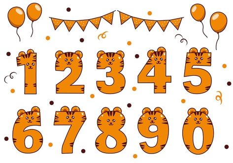 Cute tiger collection with numbering for... | Premium Vector #Freepik #vector #birthday #label #baby #party Animal Font, Chinese Tiger, Decor Backdrop, Tiger Birthday, Cartoon Tiger, Tiger Paw, Cute Tiger, Cupcake Toppers Printable, Cute Tigers